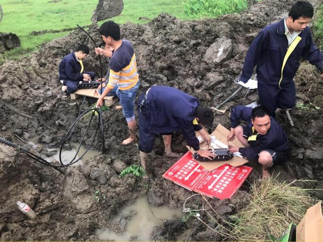 网络维护人员正在泥水里修复光缆恢复通信.